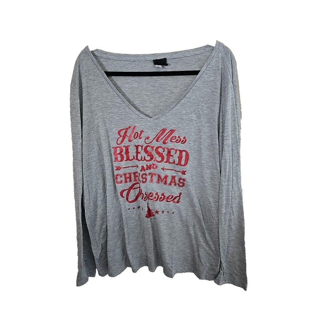 Katydid Gray Hot‎ Mess Blessed Logo V-Neck Short Sleeve Top Womans Plus Size 2XL